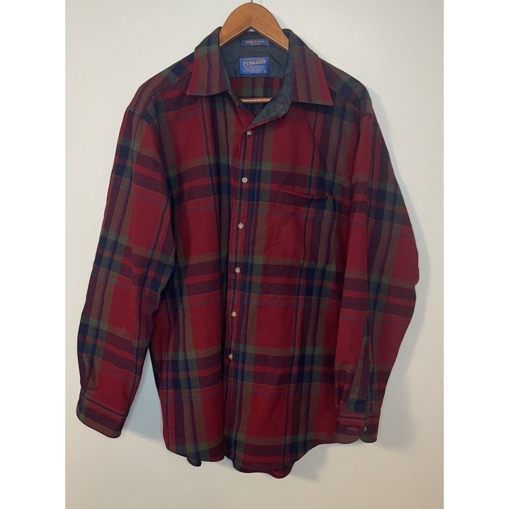 Pendleton Flannel Shirt Mens L 100% Pure Virgin Wool Red Green Blue Plaid Button